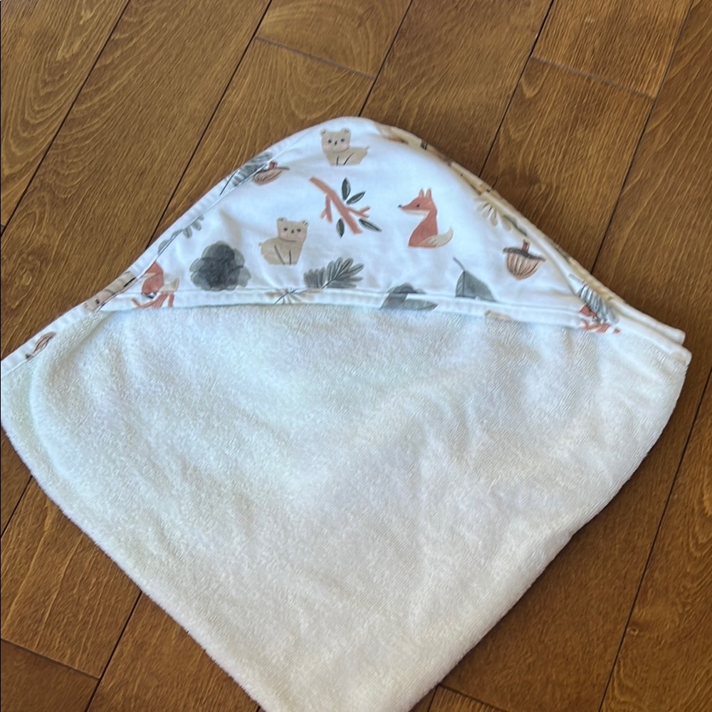 White Hooded Baby Towel with Animal Print